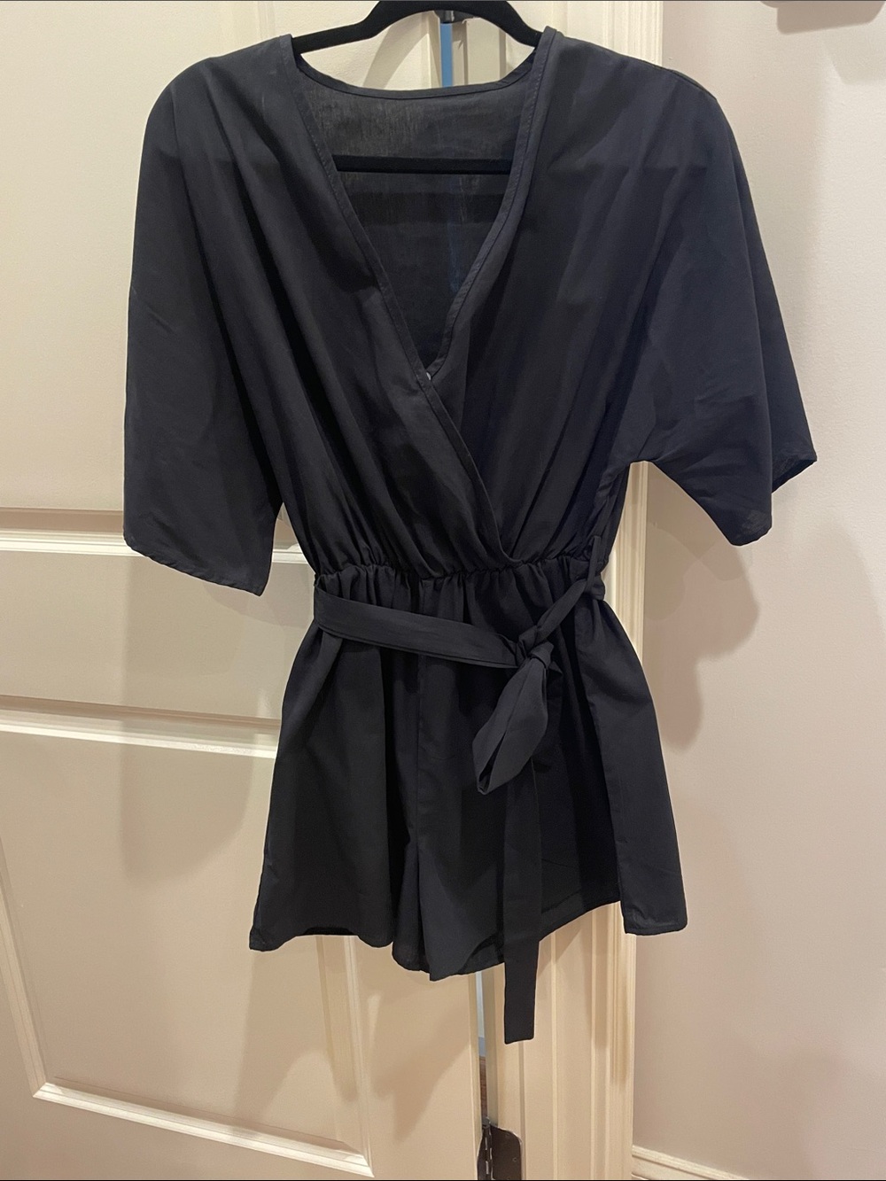 SHEIN Black Wrap Romper with Tie Waist 100%Cotton